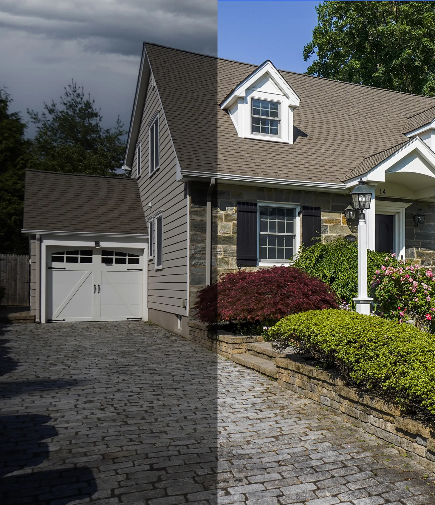 Before and after property photo editing, showing a house with an enhanced blue sky and brighter colours